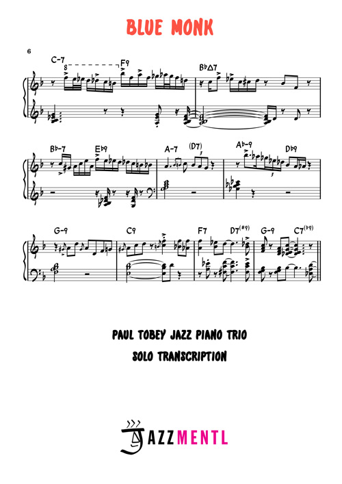 Blue Monk Complete Piano Transcription +BONUS Bass Drums Backing Track