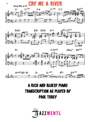 Cry Me a River Complete 6-Page Solo Jazz Piano Transcription (Paul Tobey)